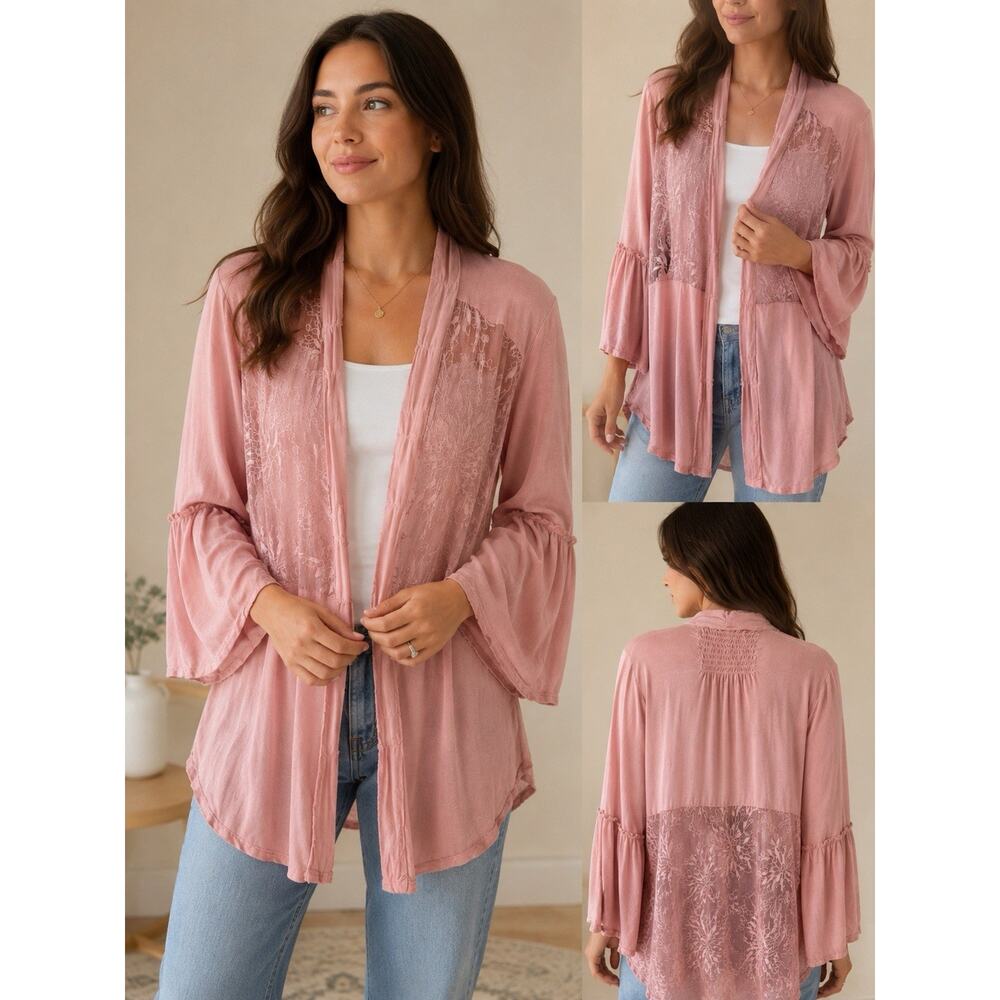 Pol Raw Hem Embroidered Open Pink Cardigan Bell Sleeves Boutique Cottage core